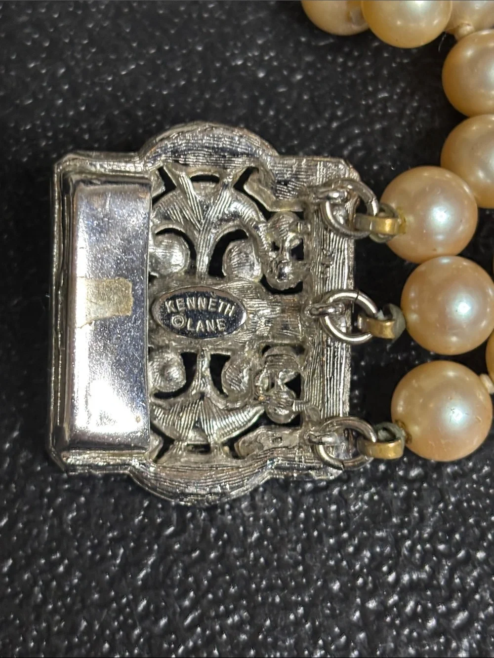 Kenneth Lane Vintage Triple Strand Faux Pearl Bracelet Rhinestone Clasp Art Deco